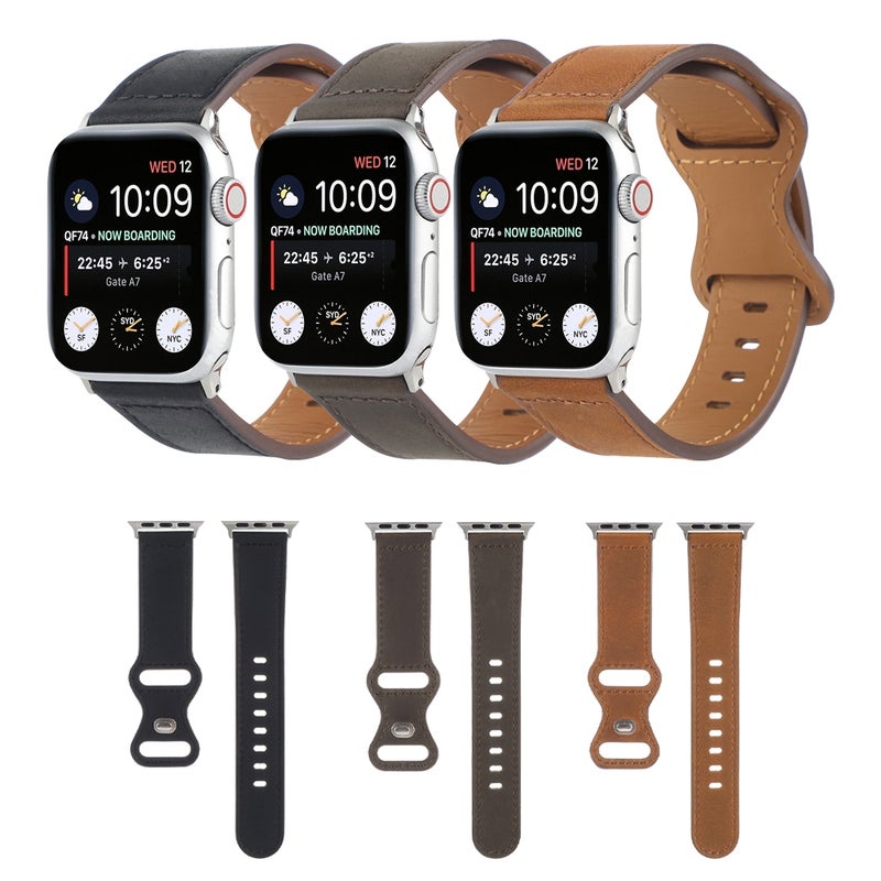 Crazy Horse Leather Butterfly Buckle Watch Band For Apple Watch Ultra 49mm&Watch Ultra 2 49mm / Series 9&8&7 45mm / SE 3&SE 2&6&SE&5&4 44mm / 3&2&1 42mm(Brown)