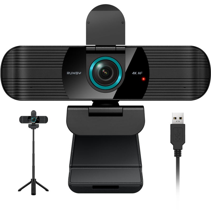 RUWBY UHD 4K Webcam with Built-in Dual Mics, Wide-Angle Lens, Privacy Cover, Tripod Stand, Autofocus Computer Camera, Plug and Play for Desktop PC or Laptop - Image 1