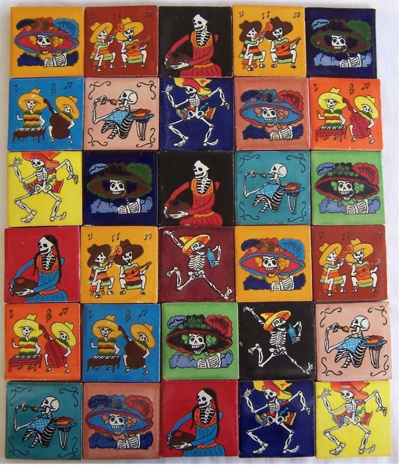 COLOR Y TRADICIÃ“N 30 Hand Painted Day of The Dead Mexican Talavera Tiles 2 x 2