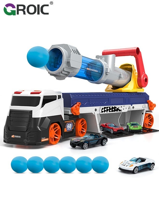 GROIC Truck Toys for Kids, Launcher Toys, Large Car Include 4 Racing Cars+6 Ball, with Light & Sounds, Eejection Shooting Transport Cars Toy, Soft Ball - Image 1