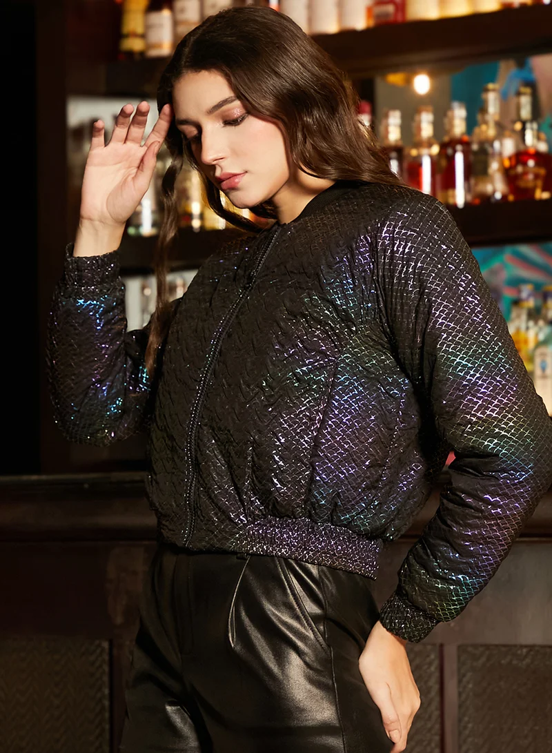 Campus Sutra Women's Carbon Black Holographic Puffer Jacket