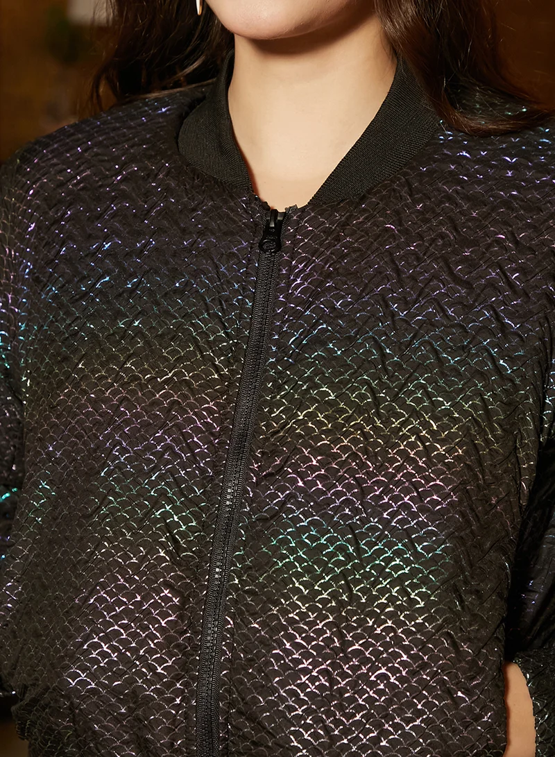 Campus Sutra Women's Carbon Black Holographic Puffer Jacket
