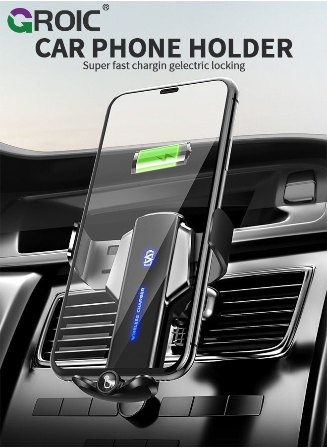 Wireless Car Charger Phone Mount Dual Coil Joyroom LED Qi 15W Cell Phone Fast Charging Vent Holder with Auto Smart Sensor Clamping for iPhone, Samsung