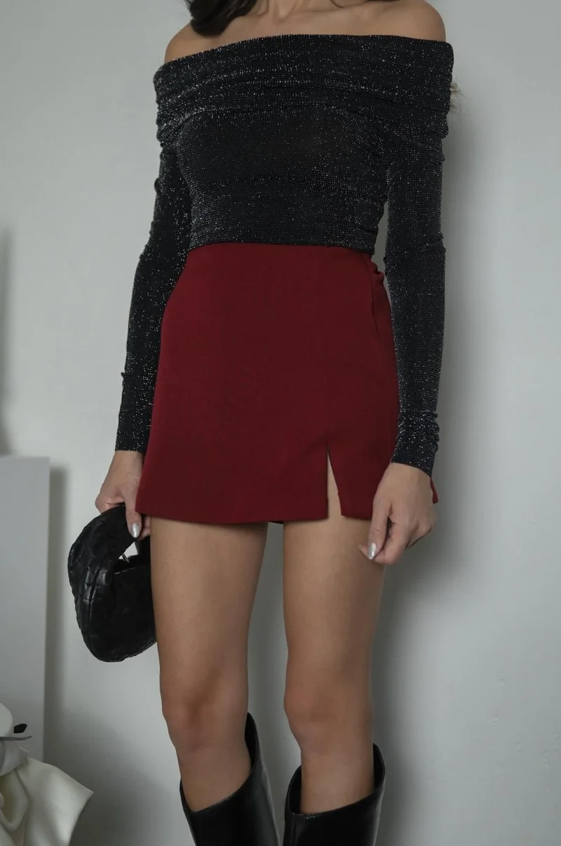 Havoş Claret Red Mini Shorts Skirt