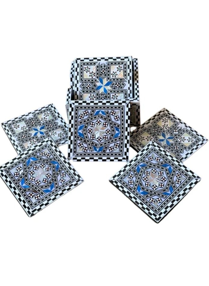 هاند مايد طقم قواعد أكواب من 6 قطع من الخشب الطبيعي مرصع بأصداف طبيعية( فيسفاء ) , طقم كوستر خشب مع علبة  خشبية للمنزل والعمل  4.5 انش متعدد الأشكال - Image 5