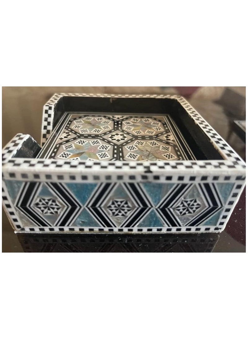 هاند مايد طقم قواعد أكواب من 6 قطع من الخشب الطبيعي مرصع بأصداف طبيعية( فيسفاء ) , طقم كوستر خشب مع علبة  خشبية للمنزل والعمل  4.5 انش متعدد الأشكال - Image 3