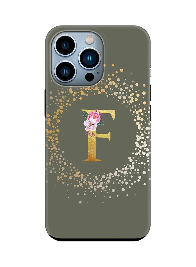Stylizedd Monogram Tough Series for Apple iPhone 13 Pro Custom Initials Floral Pattern Tough Pro Dual Layer hybrid PC inner TPU protection Alphabet- F (Olive Green) - Image 1