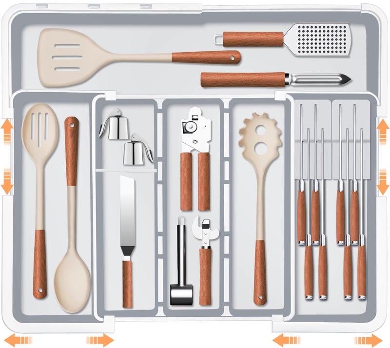Large Utensil Organizer for Kitchen Drawer Expandable Silverware Drawer Organizer Cooking Tray Cutlery and Flatware Utensil Holder Kitchen Spatula Tools Storage with 3 Dividers Grey