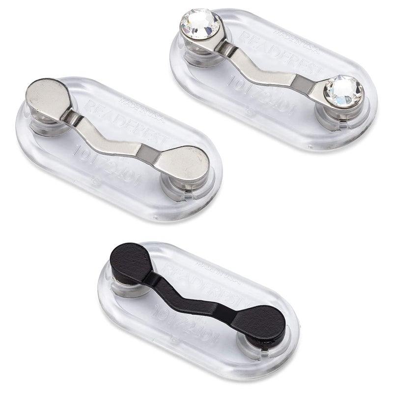Readerest Magnetic Eyeglass Holders (3 Pack) Eyeglasses Clip for Readers & Sunglasses, Reading Glasses Holder, Work Badge Clip, USA Made (Stainless Steel, Black, & Stainless Steel + Crystals) - Image 1