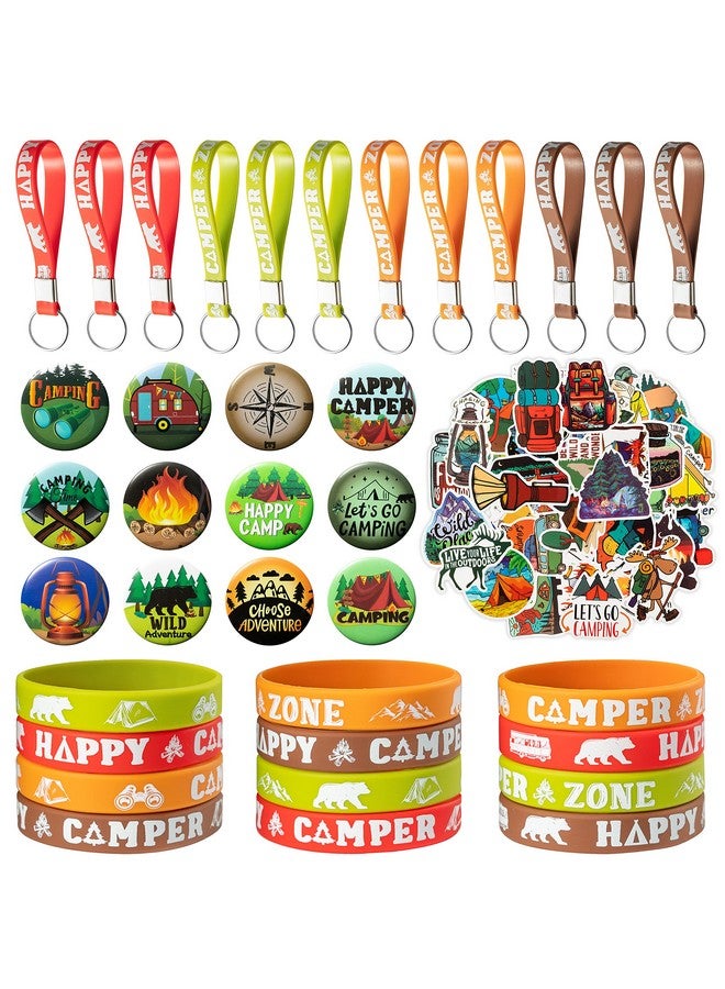ANGOLIO 84Pcs Spring Camping Party Favors Kit Happy Camper Party Gifts Silicone Bracelets Stickers Keychains Badges for Kids Friends Summer School Camping Adventure Birthday Party - Image 1