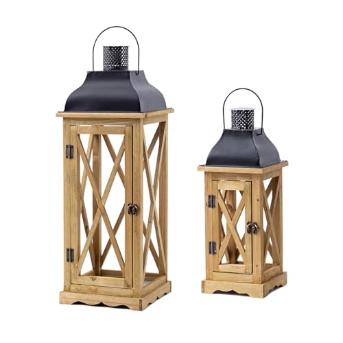 Venalys Farmhouse Wooden Metal Candle Lantern Set of 2, Rustic Large Decorative Floor Lanterns, Indoor/Outdoor Hurricane Lantern for Home Decor (No Glass) - Image 2