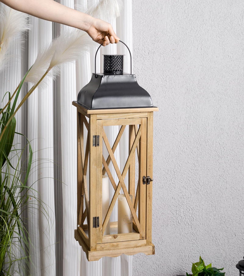 Venalys Farmhouse Wooden Metal Candle Lantern Set of 2, Rustic Large Decorative Floor Lanterns, Indoor/Outdoor Hurricane Lantern for Home Decor (No Glass) - Image 5
