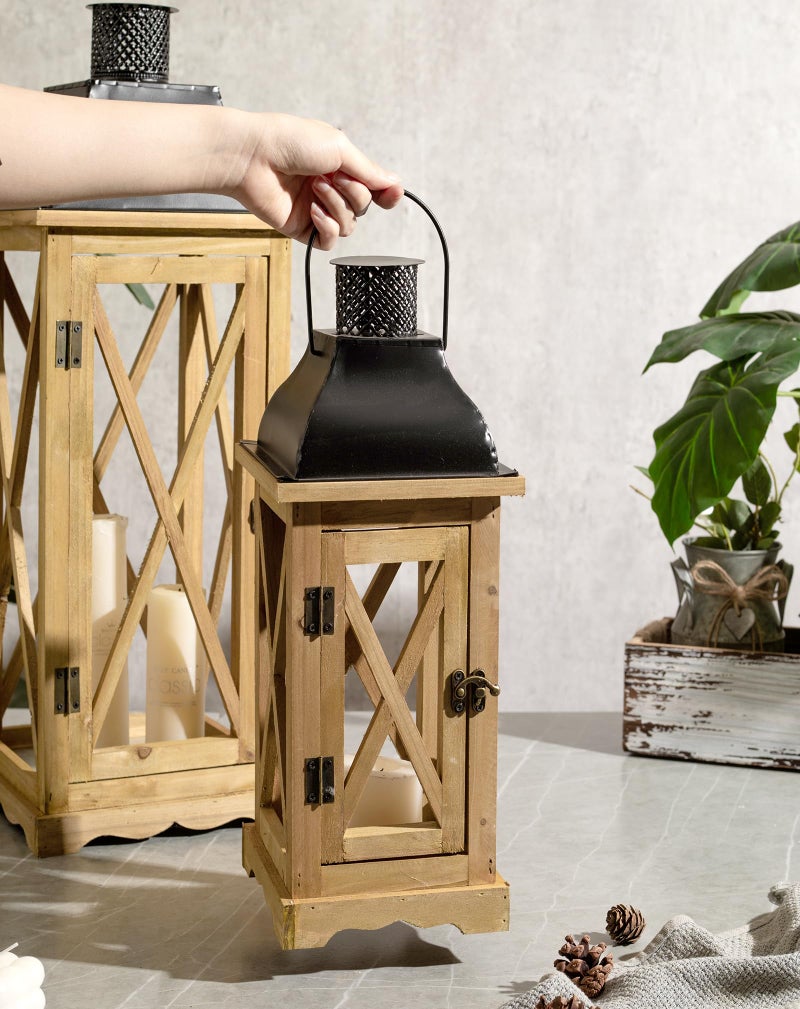 Venalys Farmhouse Wooden Metal Candle Lantern Set of 2, Rustic Large Decorative Floor Lanterns, Indoor/Outdoor Hurricane Lantern for Home Decor (No Glass) - Image 4