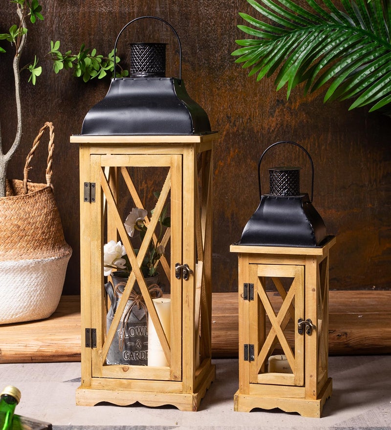 Venalys Farmhouse Wooden Metal Candle Lantern Set of 2, Rustic Large Decorative Floor Lanterns, Indoor/Outdoor Hurricane Lantern for Home Decor (No Glass) - Image 3