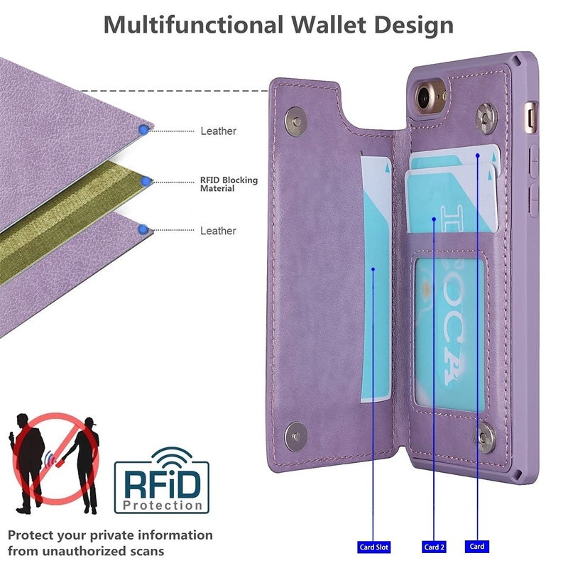 iCoverCase Compatible with iPhone SE 2022/SE 2020/7/8 Phone Case with Card Holder, Wallet Case for Women, RFID Blocking Embossed PU Leather Wrist Strap Case (Heart Purple) - Image 3