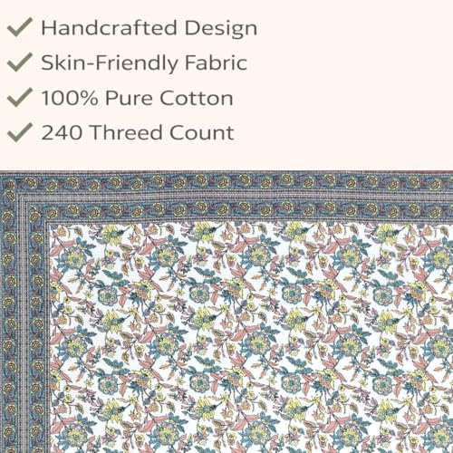 elanorhomes 100% Cotton 240 TC Single Bed Sheet Set | Floral Hand Printed Bedsheet with Pillow Cover | Soft Breathable Fabric for Bedroom | 60x90 Inches (Rose Azure) - Image 3