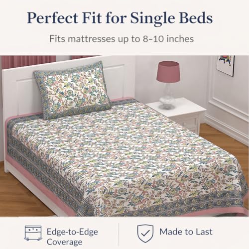 elanorhomes 100% Cotton 240 TC Single Bed Sheet Set | Floral Hand Printed Bedsheet with Pillow Cover | Soft Breathable Fabric for Bedroom | 60x90 Inches (Rose Azure) - Image 4
