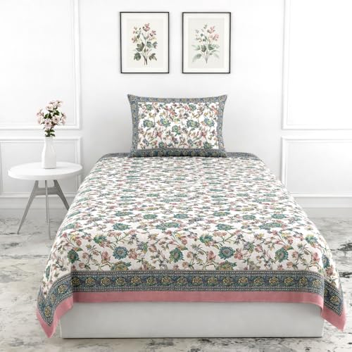 elanorhomes 100% Cotton 240 TC Single Bed Sheet Set | Floral Hand Printed Bedsheet with Pillow Cover | Soft Breathable Fabric for Bedroom | 60x90 Inches (Rose Azure) - Image 2