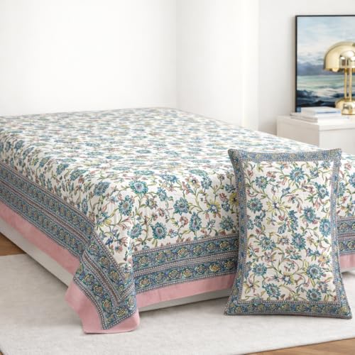 elanorhomes 100% Cotton 240 TC Single Bed Sheet Set | Floral Hand Printed Bedsheet with Pillow Cover | Soft Breathable Fabric for Bedroom | 60x90 Inches (Rose Azure) - Image 1