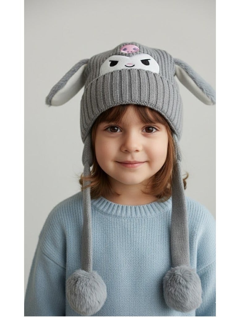 zoba Cute cartoon design winter hat for kids - soft wool hat with a push mechanism to move the ears - interactive and fun for children - warm and lightweight with push balls at the ends - suitable for girls and boys (grey) - Image 4