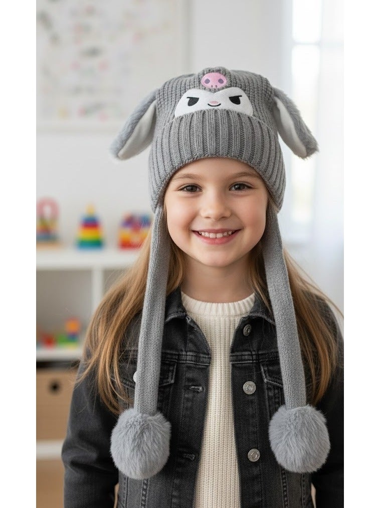 zoba Cute cartoon design winter hat for kids - soft wool hat with a push mechanism to move the ears - interactive and fun for children - warm and lightweight with push balls at the ends - suitable for girls and boys (grey) - Image 2
