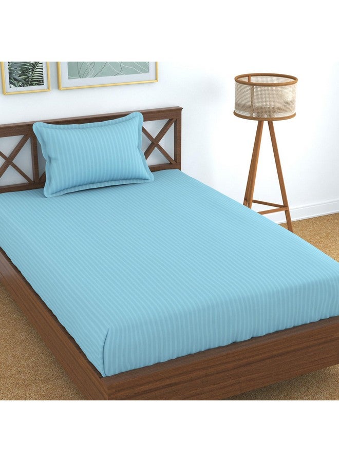 Homefab India 160 TC Stripe Glace Cotton Single BedSheet with 1 Pillow Cover - Light Blue - Image 1