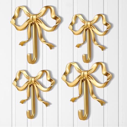 Lineshading 4 Pcs Gold Bow Wall Hooks Brass Coquette Bow Hooks for Coats Hats Bags Bath Towels Robes Vintage Room Decor Office Kitchen Hallway Bathroom Nursery Decorations LS - Image 1