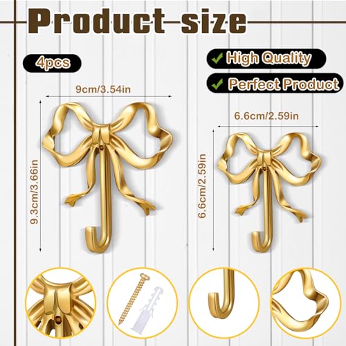 Lineshading 4 Pcs Gold Bow Wall Hooks Brass Coquette Bow Hooks for Coats Hats Bags Bath Towels Robes Vintage Room Decor Office Kitchen Hallway Bathroom Nursery Decorations LS - Image 3