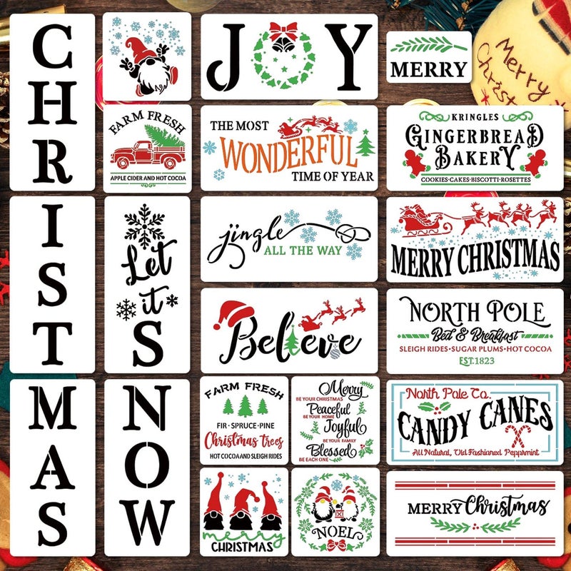 21Pcs Large Christmas Stencils Reusable Merry Christmas Stencils for Painting Including Candy CaneChristmas TreeGingerbreadNorth PoleLet it Snow Holiday Letter Plastic Spraying Template