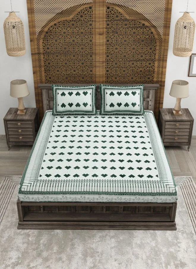 CLOTHOLOGY CLOTHOLOGY Jaipuri Green Geometric Pure Cotton 180 TC King Size Bedsheet with 2 Pillow Covers
