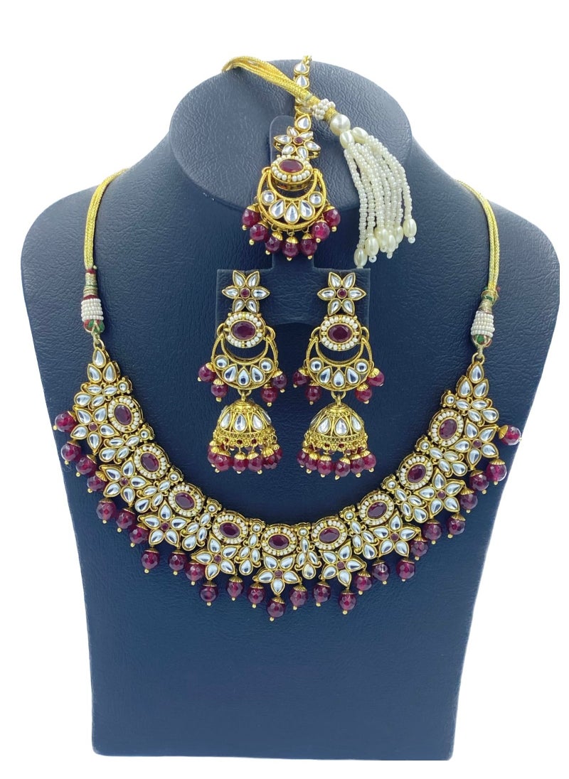 GOHONA GOHONA Royal Bling Bollywood Traditional Indian Kundan Jewelery Necklace With Earrings Set and 1 Tikka in MAROON color  - Image 2