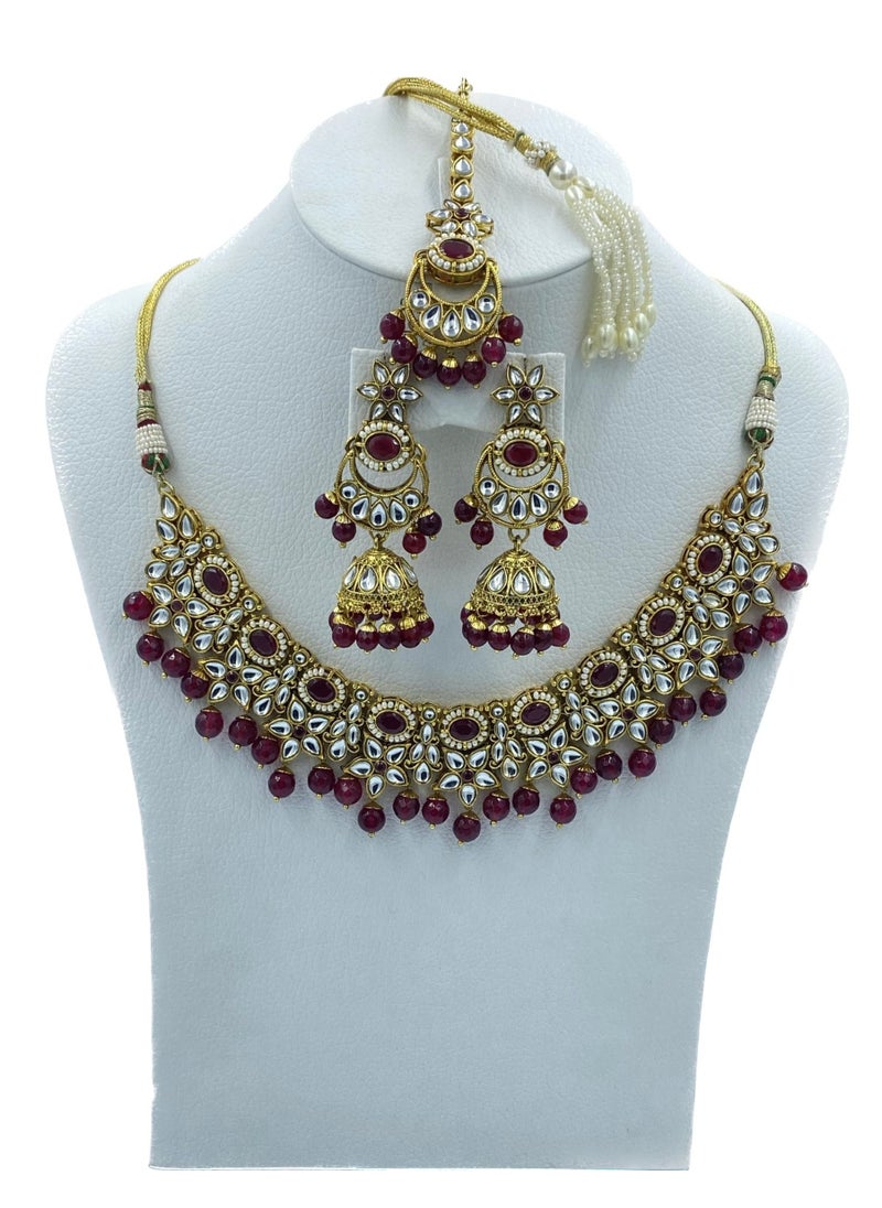 GOHONA GOHONA Royal Bling Bollywood Traditional Indian Kundan Jewelery Necklace With Earrings Set and 1 Tikka in MAROON color  - Image 1