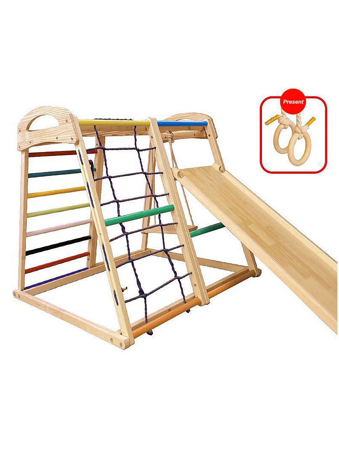 MaBaby Indoor Jungle Gym for Toddlers 6 in 1 Indoor Playground Wooden Montessori Climber Playset with Slide Swing Climbing Net, Indoor Playground Climbing Toys for Toddlers 