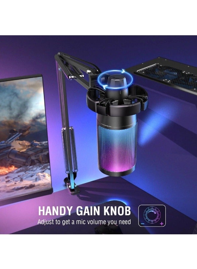Gaming Microphone, USB PC Microphone for Streaming, Podcasting, Recording with RGB Controls, with Mute on, Volume Control and 3.5mm Headphone Jack, Black - with Boom Arm - Image 3