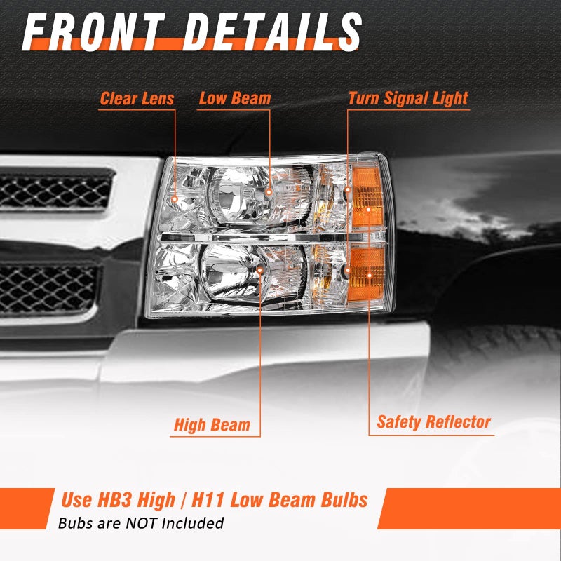 AXLAHA Headlights Assembly for 2007-2013 Chevy Silverado 1500 | 2007-2014 Chevy Silverado 2500/3500 Chrome Housing Amber Reflector HeadLamp Replacement Pair - Image 3