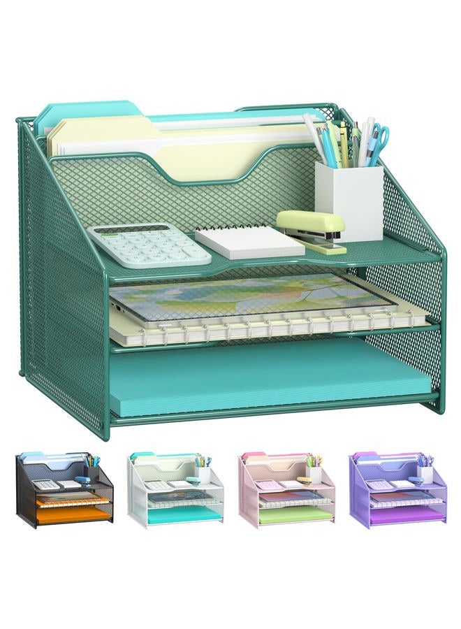 Samstar Green Desk File Organizer, Mesh Letter File Folder Holder with 3 Paper Trays and 2 Vertical Upright Section, for Office Supplies, Desk Accessories & Workspace, Green - Image 1