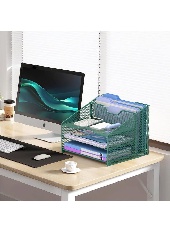 Samstar Green Desk File Organizer, Mesh Letter File Folder Holder with 3 Paper Trays and 2 Vertical Upright Section, for Office Supplies, Desk Accessories & Workspace, Green - Image 2