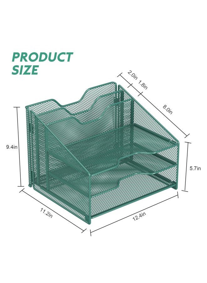 Samstar Green Desk File Organizer, Mesh Letter File Folder Holder with 3 Paper Trays and 2 Vertical Upright Section, for Office Supplies, Desk Accessories & Workspace, Green - Image 3