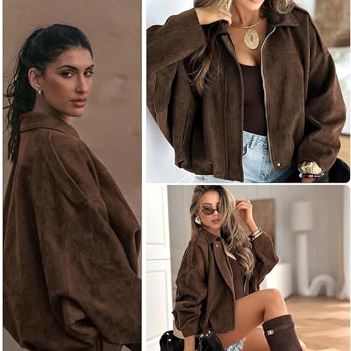 Xunger Women's Faux Suede Bomber Jacket Spring Lapel Pilot Coat Casual Oversized Long Sleeves Trendy Streetwear Outerwear(1026-01CoffeePocket-S-RD) - Image 3