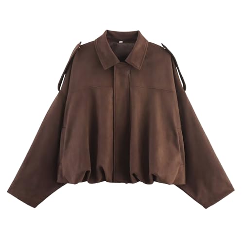 Xunger Women's Faux Suede Bomber Jacket Spring Lapel Pilot Coat Casual Oversized Long Sleeves Trendy Streetwear Outerwear(1026-01CoffeePocket-S-RD) - Image 1