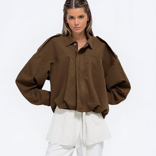 Xunger Women's Faux Suede Bomber Jacket Spring Lapel Pilot Coat Casual Oversized Long Sleeves Trendy Streetwear Outerwear(1026-01CoffeePocket-S-RD) - Image 2