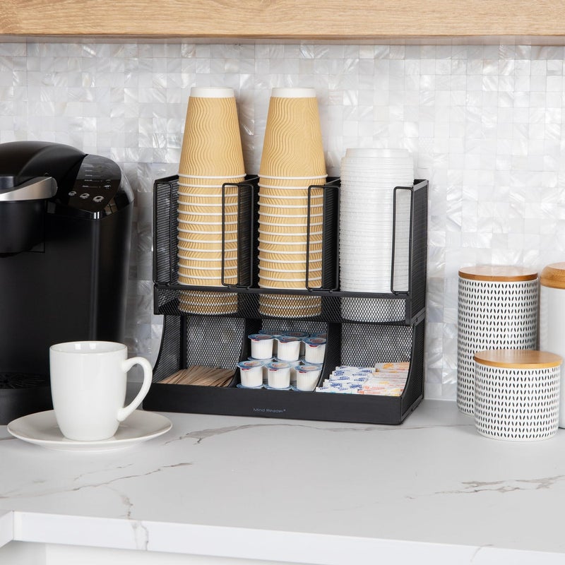 Mind Reader Cup and Condiment Station, Countertop Organizer, Coffee Bar, Kitchen, Metal Mesh, 13"L x 6.45"W x 11.25"H, Black - Image 2