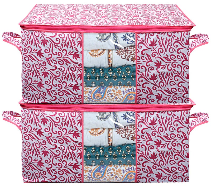 Kuber Industries Leaf Design Non Woven Rectangular Underbed Storage Bag Organiser Blanket Cover 2 Pieces Pink Standard Size CTKTC025725 - Image 1