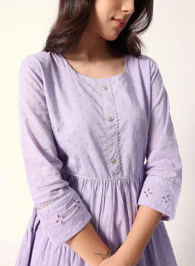 ISHIN Women's Lavender Cotton Textured Mini Smock Regular Fit Dress