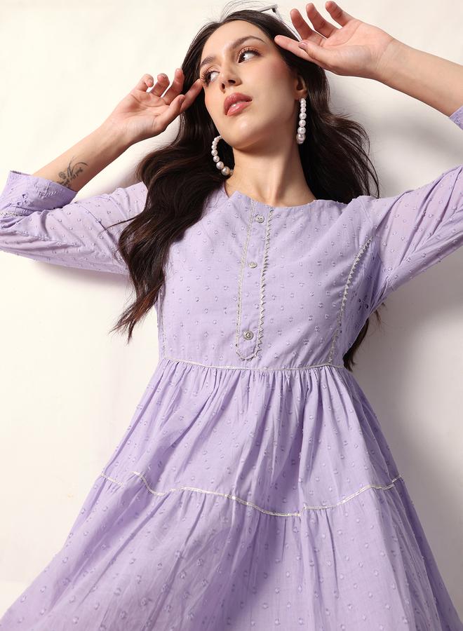 ISHIN Women's Lavender Cotton Textured Mini Smock Regular Fit Dress - Image 1