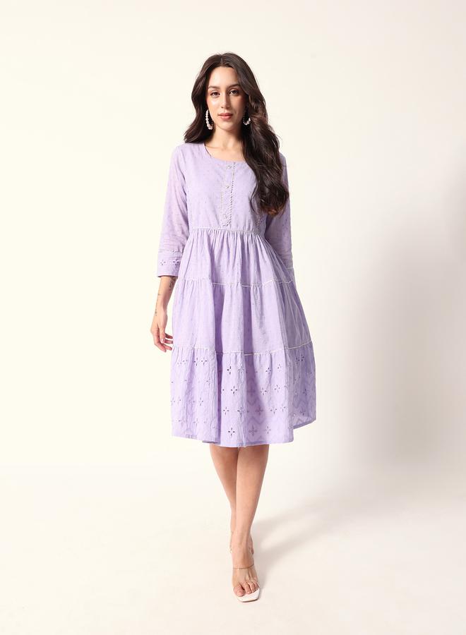 ISHIN Women's Lavender Cotton Textured Mini Smock Regular Fit Dress - Image 3