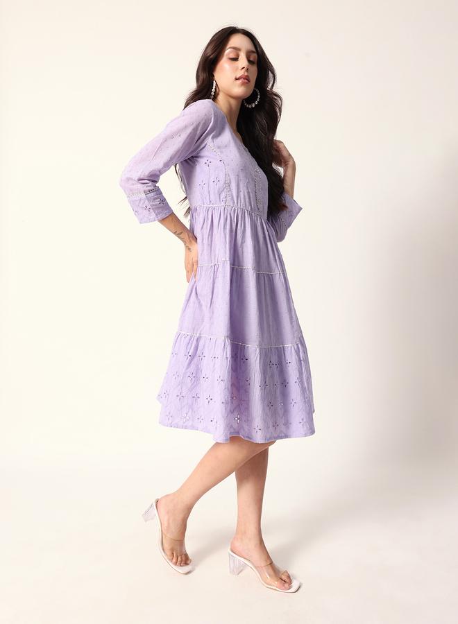 ISHIN Women's Lavender Cotton Textured Mini Smock Regular Fit Dress - Image 5