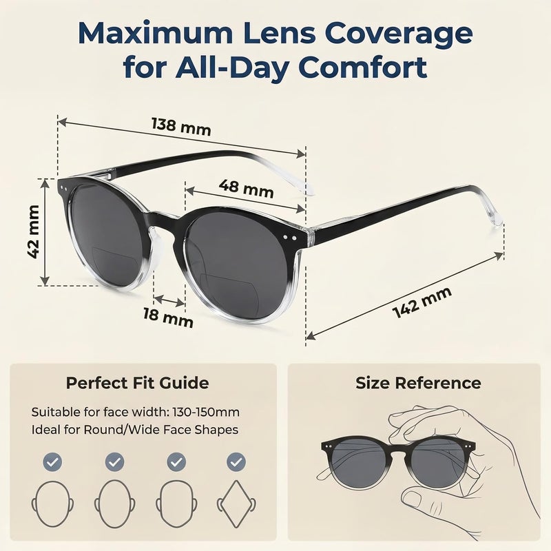 Eyekepper Key Hole Style Spring-Hinged Round Bifocal Sunglasses Sunshine Readers Black-Clear +1.5 - Image 2