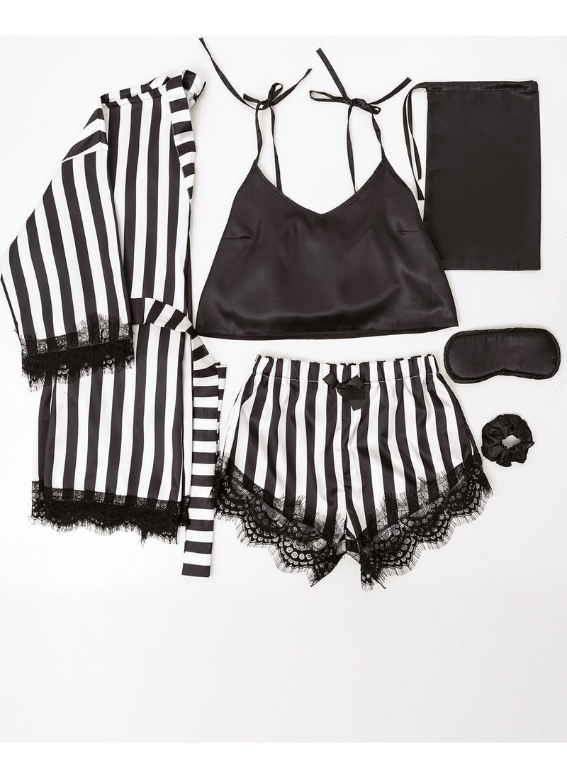 For You Moda 7-Piece Black-White Striped Satin Athlete Shorts Set S22126  - Image 1