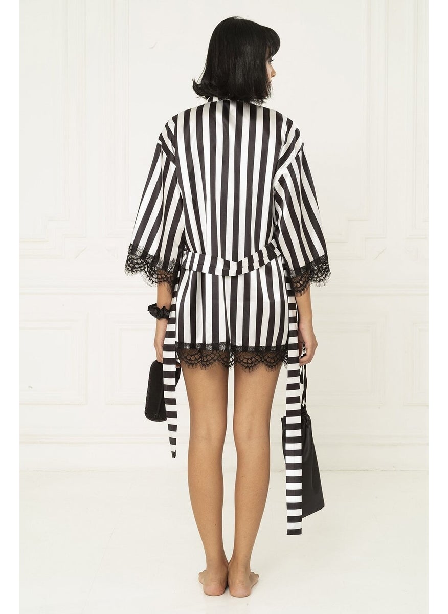 For You Moda 7-Piece Black-White Striped Satin Athlete Shorts Set S22126  - Image 4